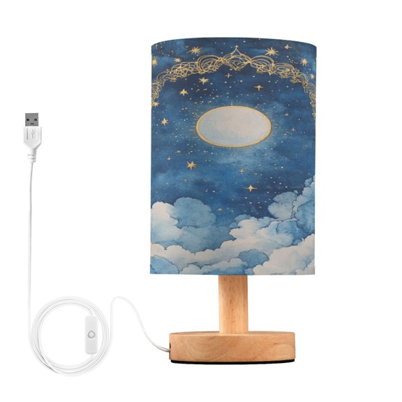 WOBOGO Celestial Sky Bedroom Table Lamp USB Power Connector Wooden Base Round Linen Shade For Living Room Desk