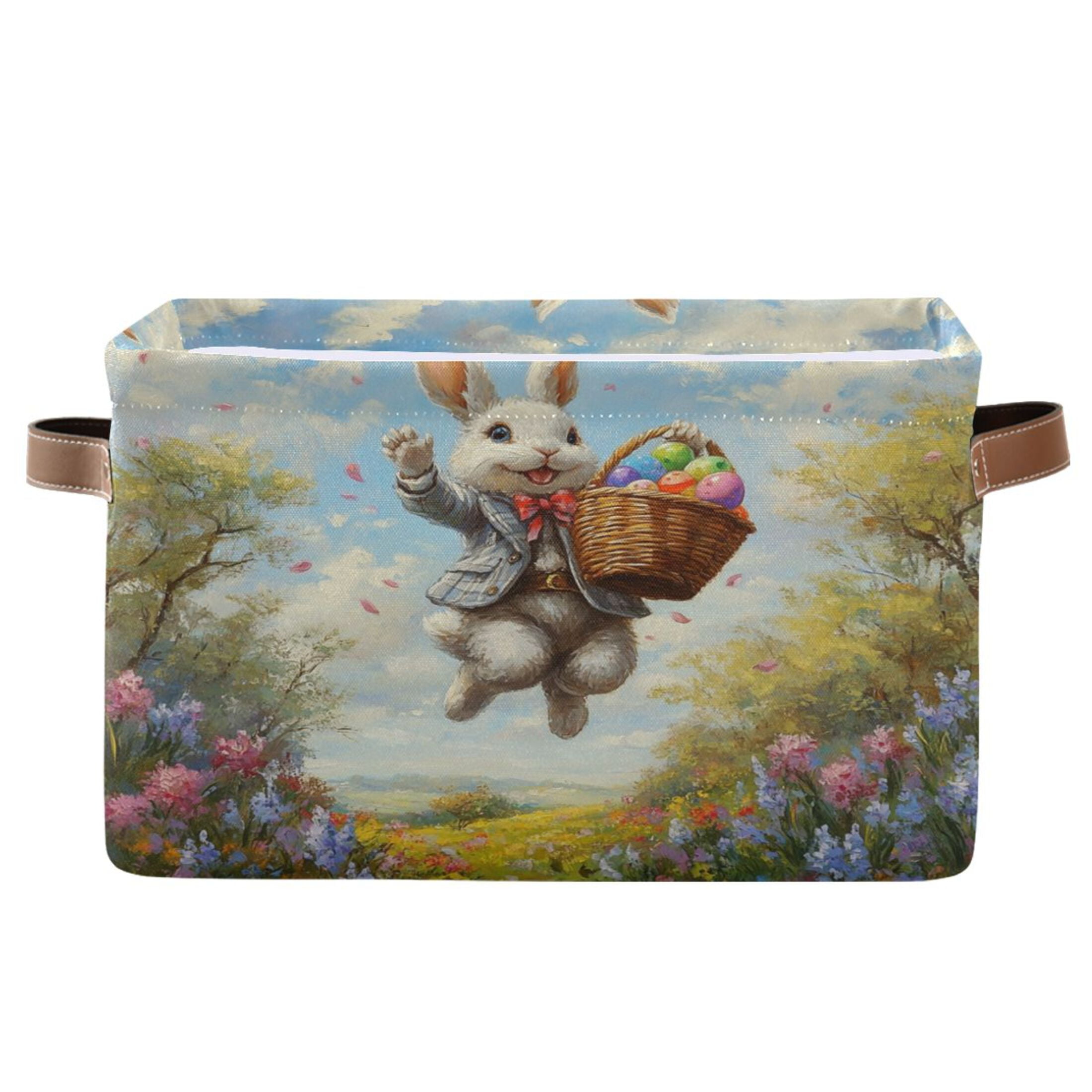 WOBOGO Cheerful Easter Bunny Square Storage Basket with Waterproof Canvas and PE Lining Durable PU Leather Handles 14.2×10.2×8.3in