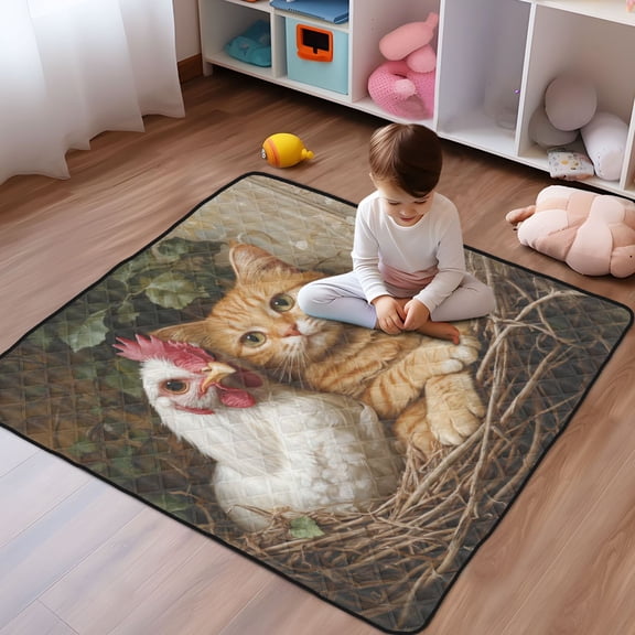 WOBOGO Chicken and Orange Cat Nesting Together Baby Playmats Extra Large Waterproof Rollable Activity Pads for Toddlers 5050inch