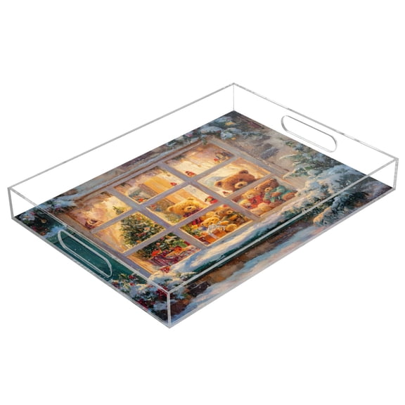 WOBOGO Christmas Bear Window Acrylic Serving Trays 15.7x11.8 Inch Spill Proof Clear Decorative Organizer with Handle