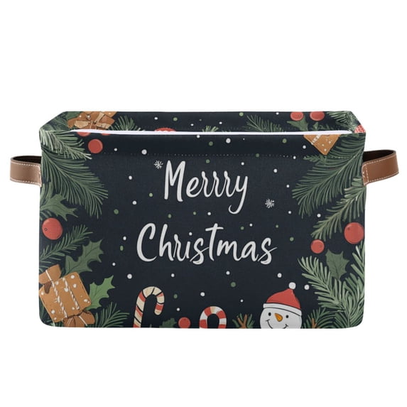WOBOGO Christmas Card Pattern Square Storage Basket with Waterproof Canvas and PE Lining Durable PU Leather Handles 14.2×10.2×8.3in