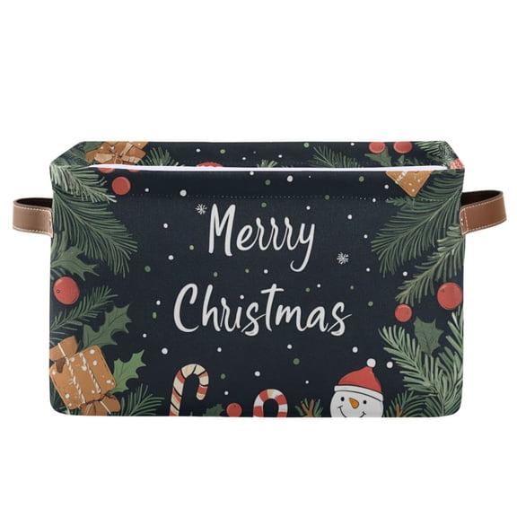 WOBOGO Christmas Card Pattern Square Storage Basket with Waterproof Canvas and PE Lining Durable PU Leather Handles 14.2×10.2×8.3in