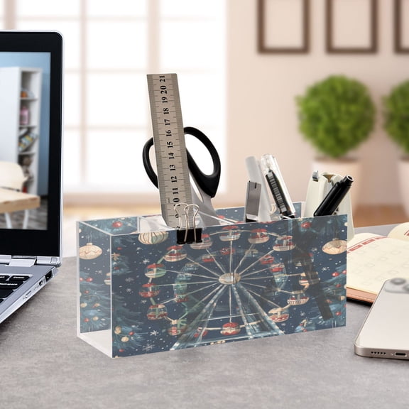 WOBOGO Christmas Decorated Ferris Wheel Acrylic Pen Holder 4 Compartments Clear Pencil Organizer Makeup Brush Storage Case