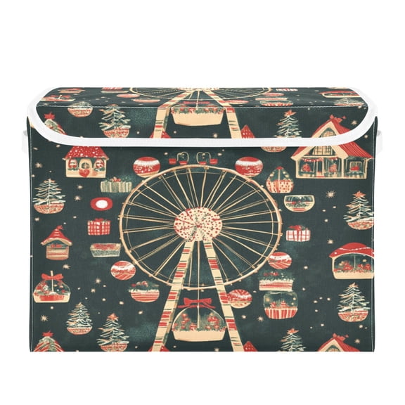 WOBOGO Christmas Decorated Ferris Wheel Large Collapsible Storage Box Flip Lid Fabric Decorative Organizer Container Basket with Handles 16.512.611.8in