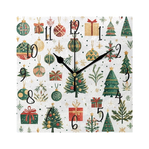 WOBOGO Christmas Elements Clipart Wall Clock 7.78 Inch Battery Operated Silent Unit Square Rustic Vintage Style for Home Bedroom Office Black Pointer