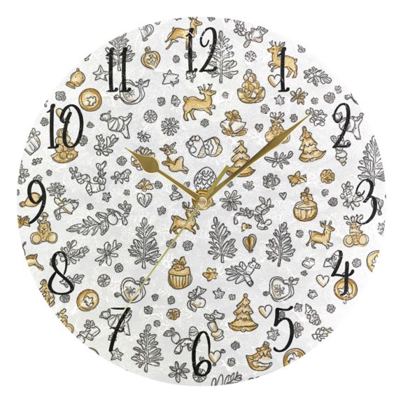 WOBOGO Christmas Elements Icons Wall Clock 10in Silent Mechanism Battery Operated Retro Style for Living Room Bedroom and Kitchen Gold Pointer