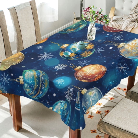 WOBOGO Christmas Glass Ball Pattern on Blue Background Square Tablecloth 54×54in Polyester Fabric Tablecloth Washable Dust Resistant Wrinkle Resistant