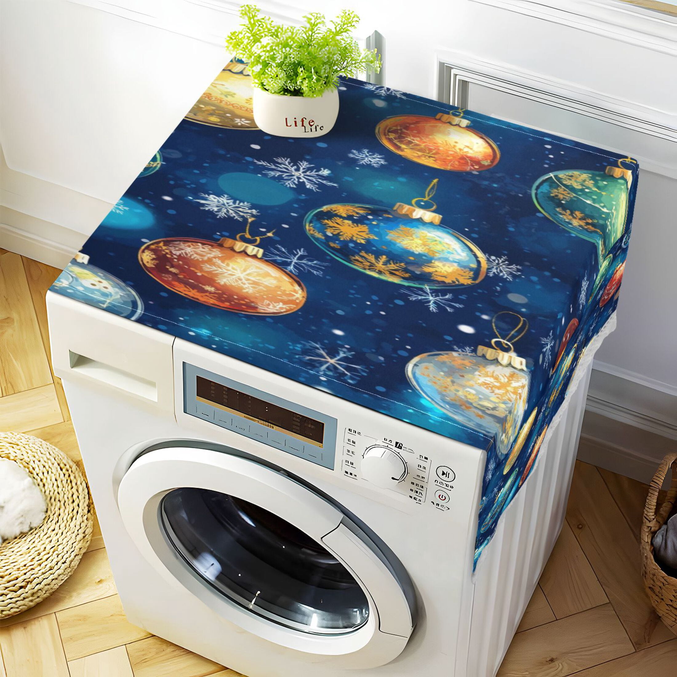 WOBOGO Christmas Glass Ball Pattern on Blue Background Washing Machine Cloth Dryer Refrigerator Top Cover Protective Non-Slip Mat For Kitchen Laundry