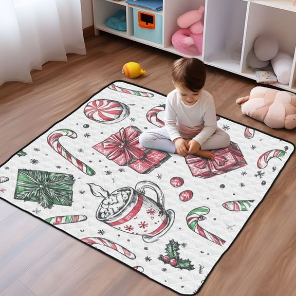 WOBOGO Christmas Pattern with Candy Canes Baby Playmats Extra Large Waterproof Rollable Activity Pads for Toddlers 50×50inch