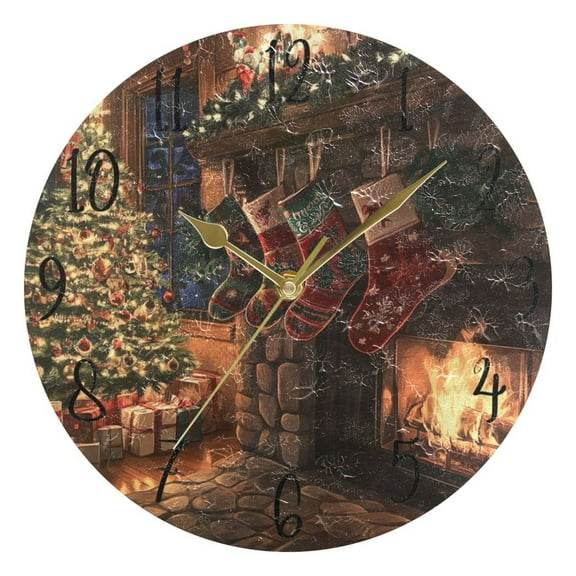 WOBOGO Christmas Stockings Anime Wall Clock 10in Silent Mechanism Battery Operated Retro Style for Living Room Bedroom and Kitchen Gold Pointer