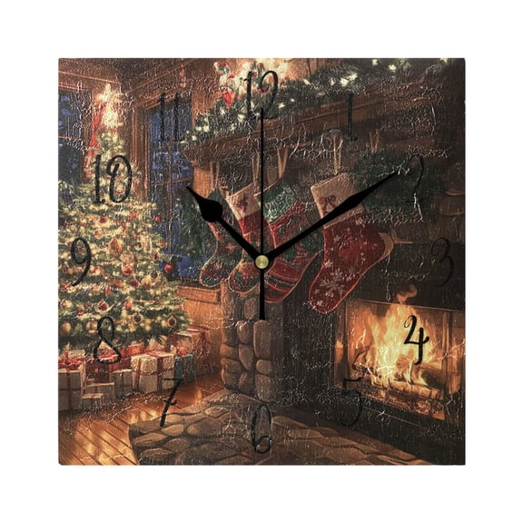 WOBOGO Christmas Stockings Anime Wall Clock 7.78 Inch Battery Operated Silent Unit Square Rustic Vintage Style for Home Bedroom Office Black Pointer