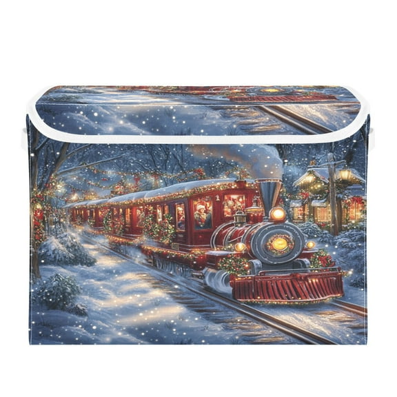WOBOGO Christmas Train Large Collapsible Storage Box Flip Lid Fabric Decorative Organizer Container Basket with Handles 16.512.611.8in