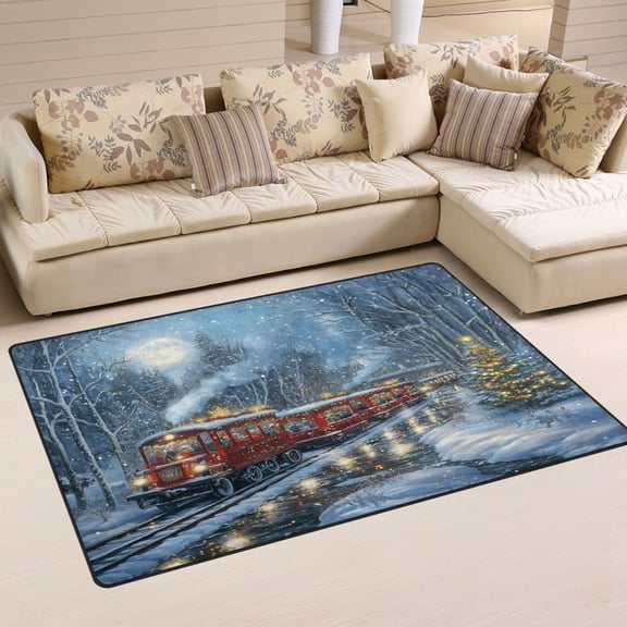 WOBOGO Christmas Train Picture Carpet Non-Slip Rugs Soft Doormat 31×20in Living Dining Room Bedroom Decorative