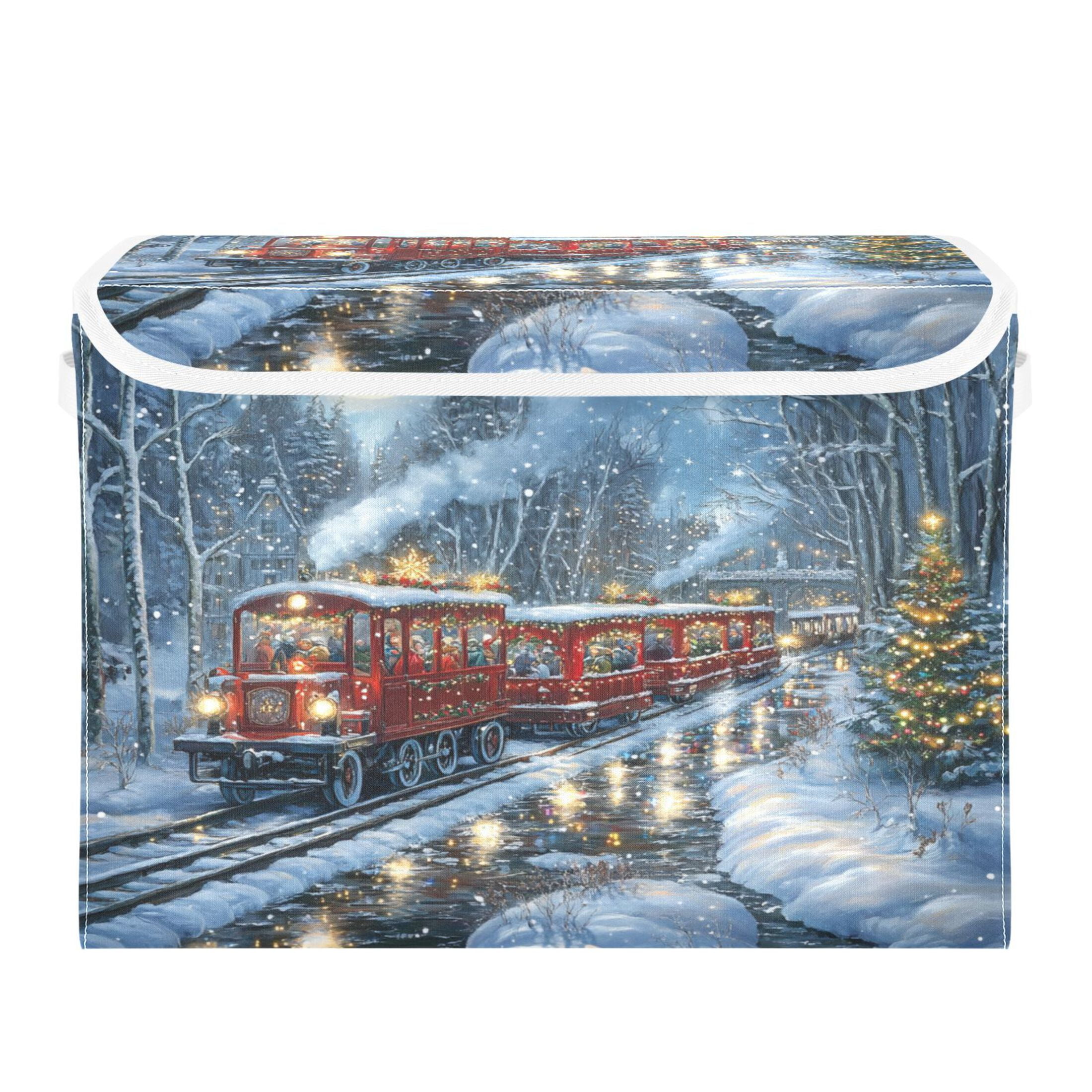 WOBOGO Christmas Train Picture Large Collapsible Storage Box Flip Lid Fabric Decorative Organizer Container Basket with Handles 16.5×12.6×11.8in