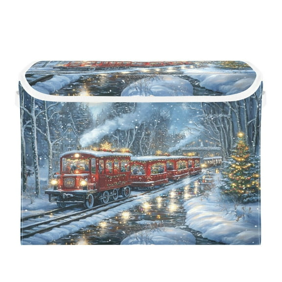 WOBOGO Christmas Train Picture Large Collapsible Storage Box Flip Lid Fabric Decorative Organizer Container Basket with Handles 16.512.611.8in