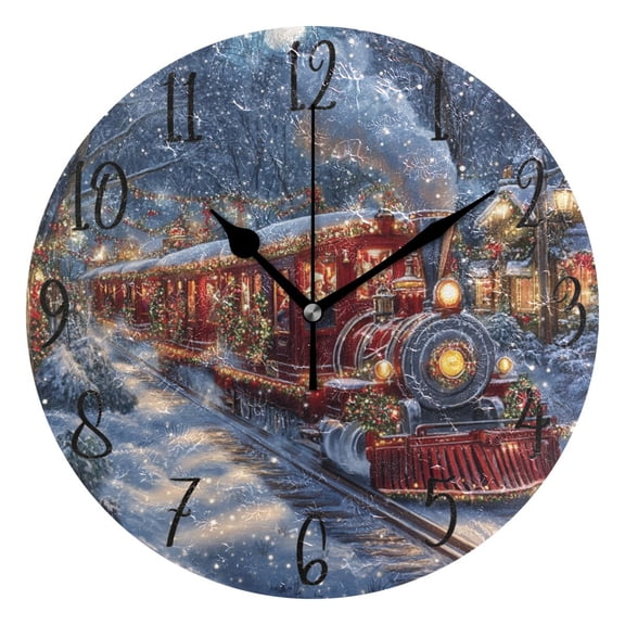 WOBOGO Christmas Train Wall Clock 10in Silent Mechanism Battery Operated Retro Style for Living Room Bedroom and Kitchen Black Pointer