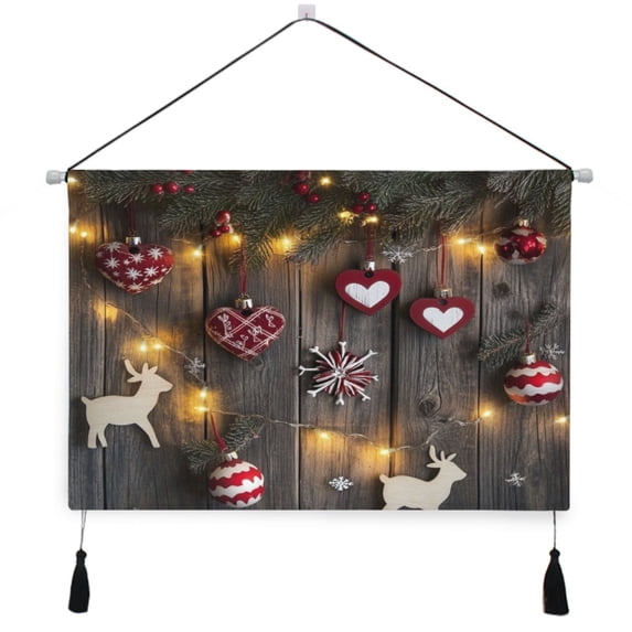 WOBOGO Christmas Tree Leaves Hanging with Red Hearts Living Room Canvas Wall Art Bedroom Study Framed Canvas Print Artwork Home Office Decorations 24.5×16.7in