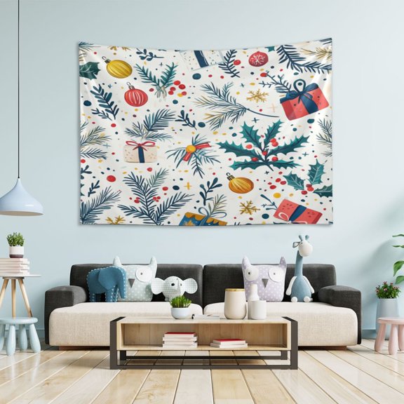 WOBOGO Christmas Tree Pattern with Gift Boxes and Bells Tapestry 60×40in Home Living Room Bedroom Wall Hanging Ornaments
