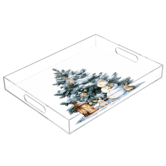 WOBOGO Christmas Tree Snowman Acrylic Serving Trays 15.7x11.8 Inch Spill Proof Clear Decorative Organizer with Handle