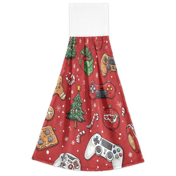 WOBOGO Christmas Tree Video Game Pattern Hand Towel Set of 2 Absorbent for Kitchen and Bathroom With Velcro Hanging Loop 18.214in