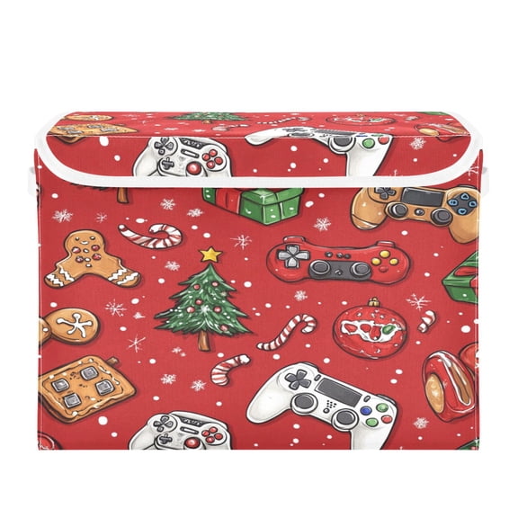 WOBOGO Christmas Tree Video Game Pattern Large Collapsible Storage Box Flip Lid Fabric Decorative Organizer Container Basket with Handles 16.512.611.8in
