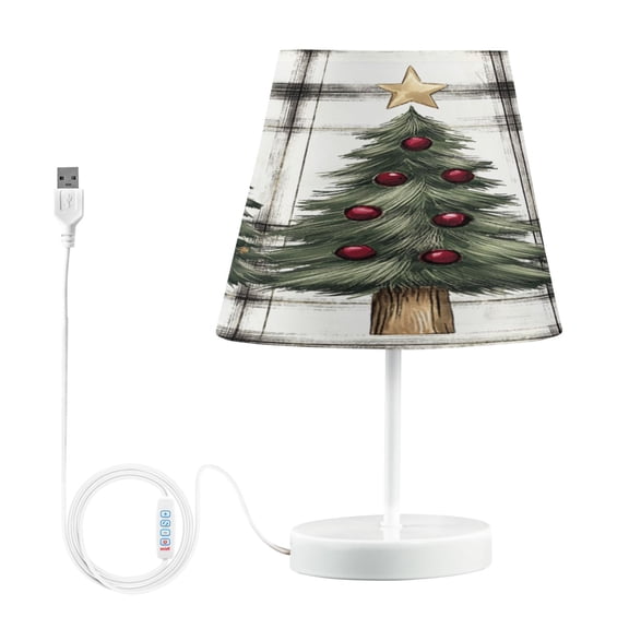 WOBOGO Christmas Trees on A White and Black Plaid Pattern Table Lamps Bedroom 3-Speed Dimmable Farm Style with Fabric Shade for Reading and Home Office