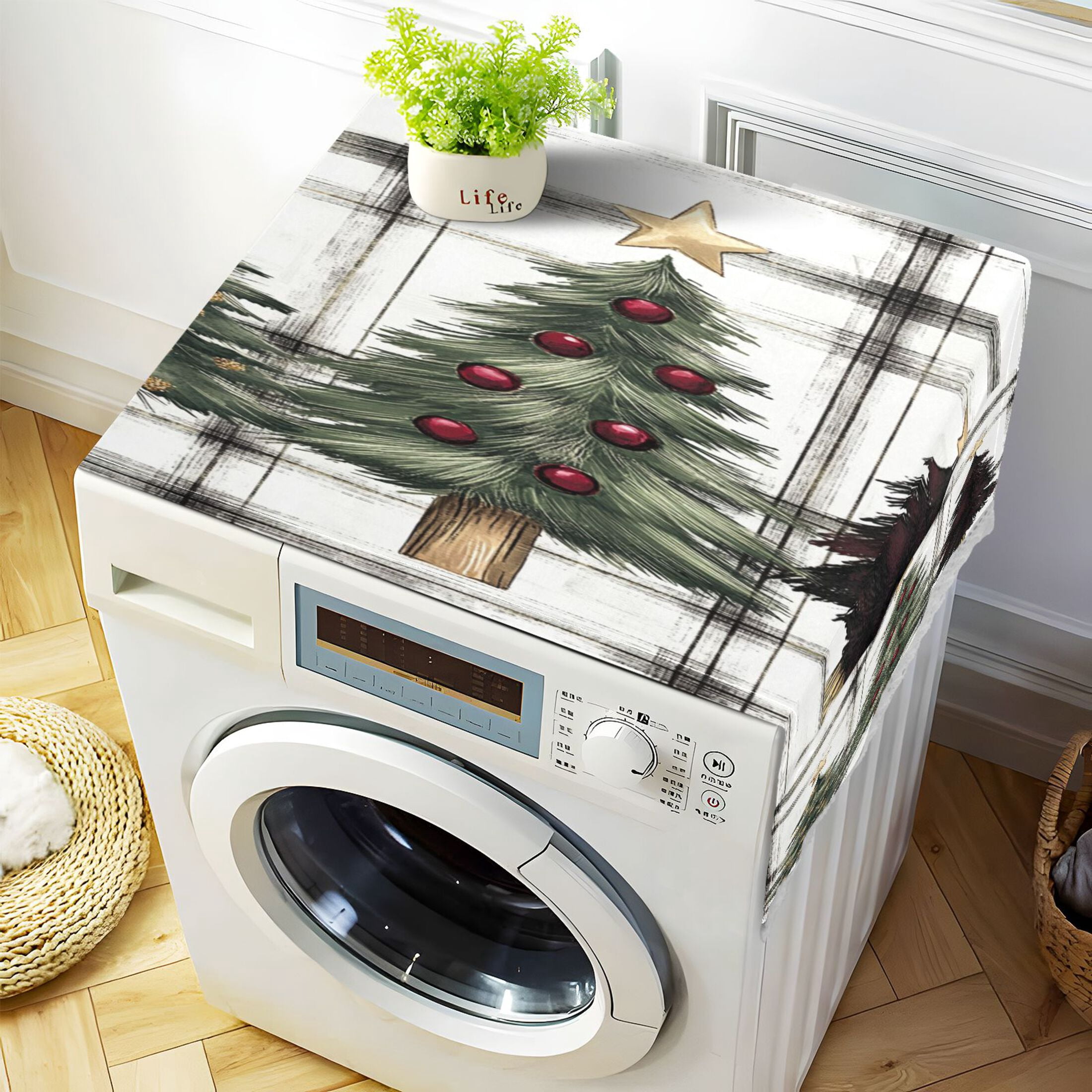 WOBOGO Christmas Trees on A White and Black Plaid Pattern Washing Machine Cloth Dryer Refrigerator Top Cover Protective Non-Slip Mat For Kitchen Laundry