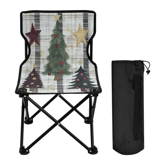 WOBOGO Christmas Trees on Black Lines Pattern Camping Chair Convenient Four Corner Backrest Folding Stool Can Hold Up to 220lbs