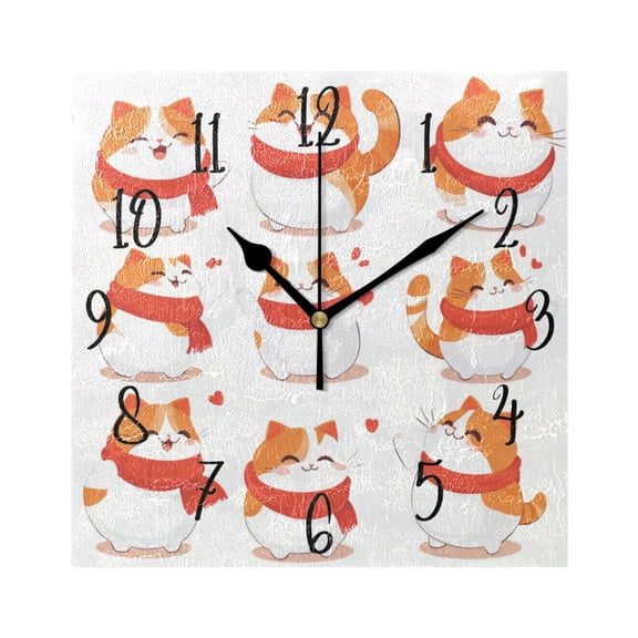 WOBOGO Chubby Cat Wall Clock 7.78 Inch Battery Operated Silent Unit Square Rustic Vintage Style for Home Bedroom Office Black Pointer