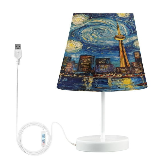 WOBOGO City Night View Table Lamps Bedroom 3-Speed Dimmable Farm Style with Fabric Shade for Reading and Home Office