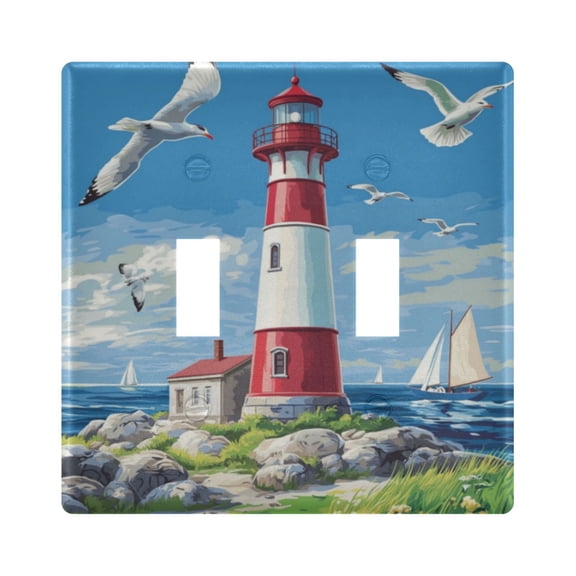 WOBOGO Coastal Lighthouse 2-hole Switch Plates PC Flame Retardant Plastic Material Glossy Finish Smooth Touch 4.56x4.48x0.27in