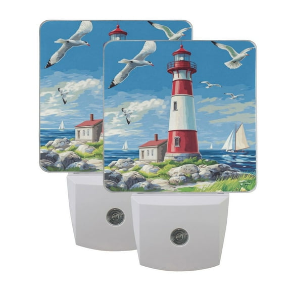 WOBOGO Coastal Lighthouse LED Night Light 2 Pcs Set 0.5 Watt Wall Plug in Dusk to Dawn Automatic Switch Soft White Light