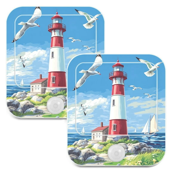 WOBOGO Coastal Lighthouse Night Light Lamp Set of 2 with Smart Sensor Dusk to Dawn Sensor 0.6W Plug-in