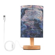WOBOGO Cobweb Crow Bedroom Table Lamp USB Power Connector Wooden Base Round Linen Shade For Living Room Desk