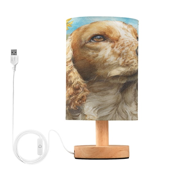 WOBOGO Cocker Spaniel Dogs Bedroom Table Lamp USB Power Connector Wooden Base Round Linen Shade For Living Room Desk