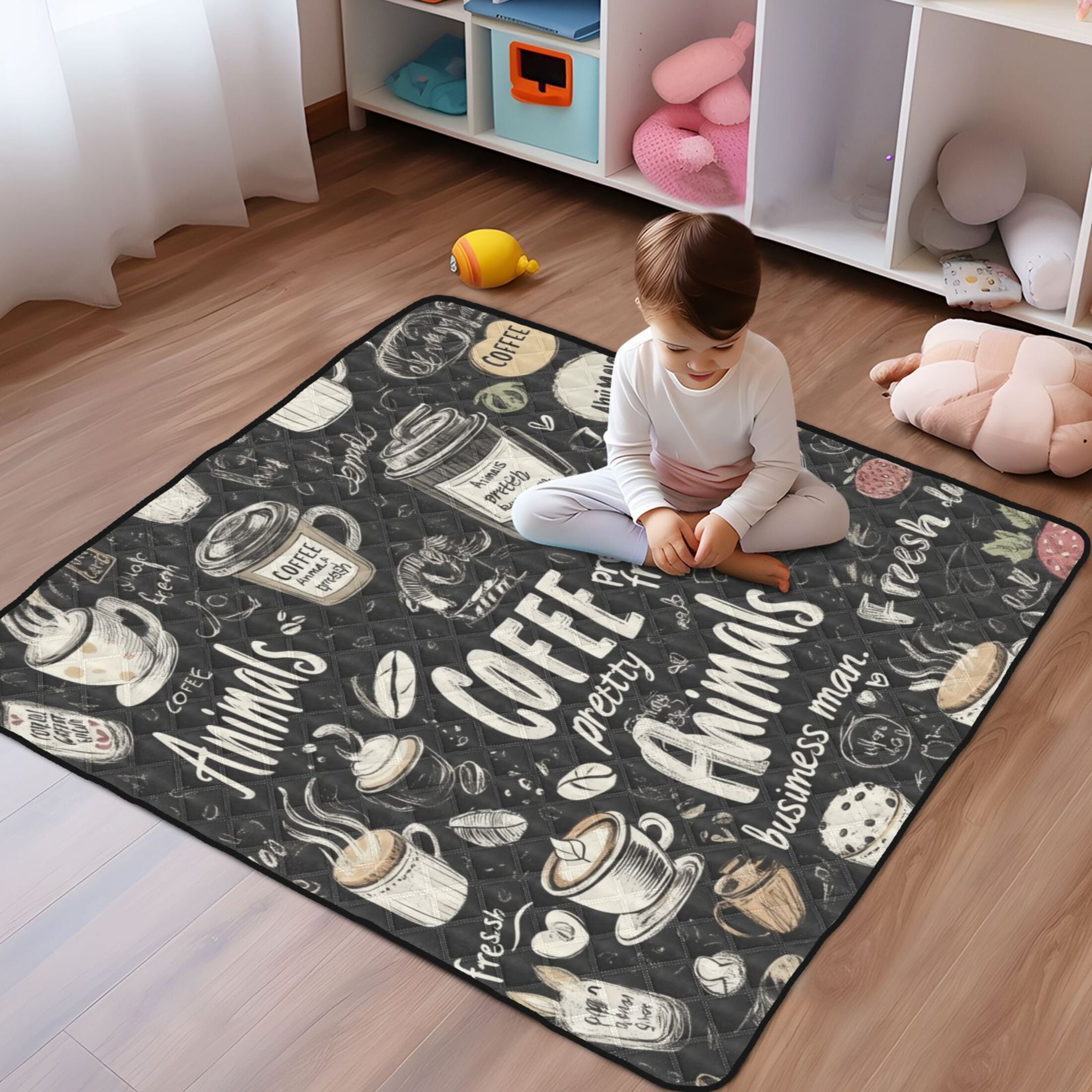 WOBOGO Coffee Picture Baby Playmats Extra Large Waterproof Rollable Activity Pads for Toddlers 50×50inch