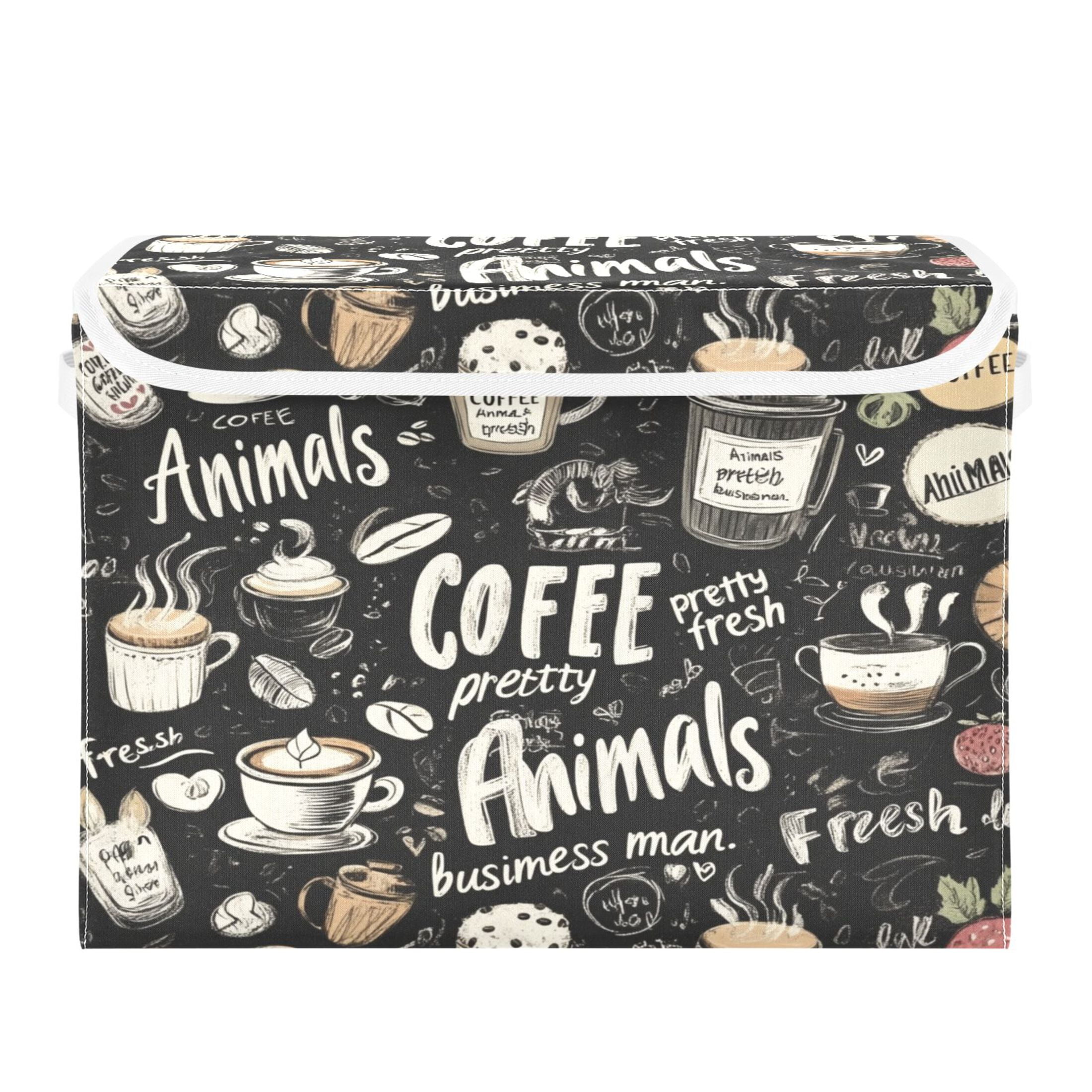 WOBOGO Coffee Picture Large Collapsible Storage Box Flip Lid Fabric Decorative Organizer Container Basket with Handles 16.5×12.6×11.8in