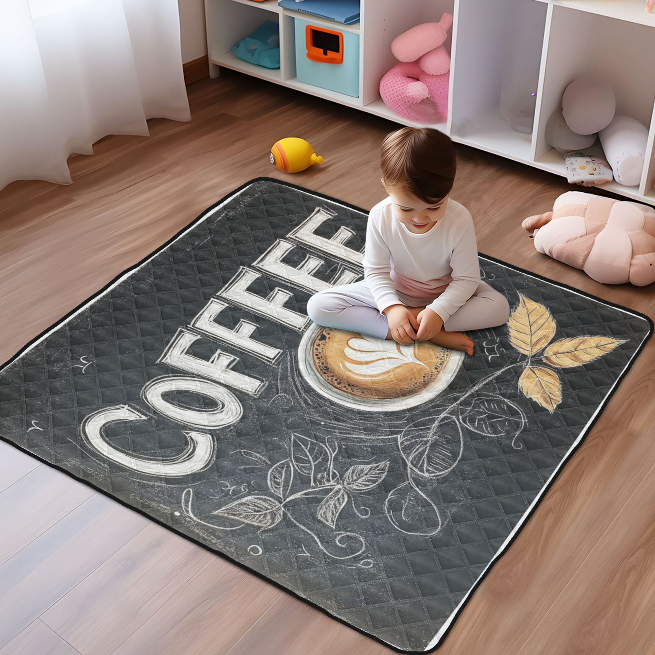 WOBOGO Coffee Time Baby Playmats Extra Large Waterproof Rollable Activity Pads for Toddlers 50×50inch