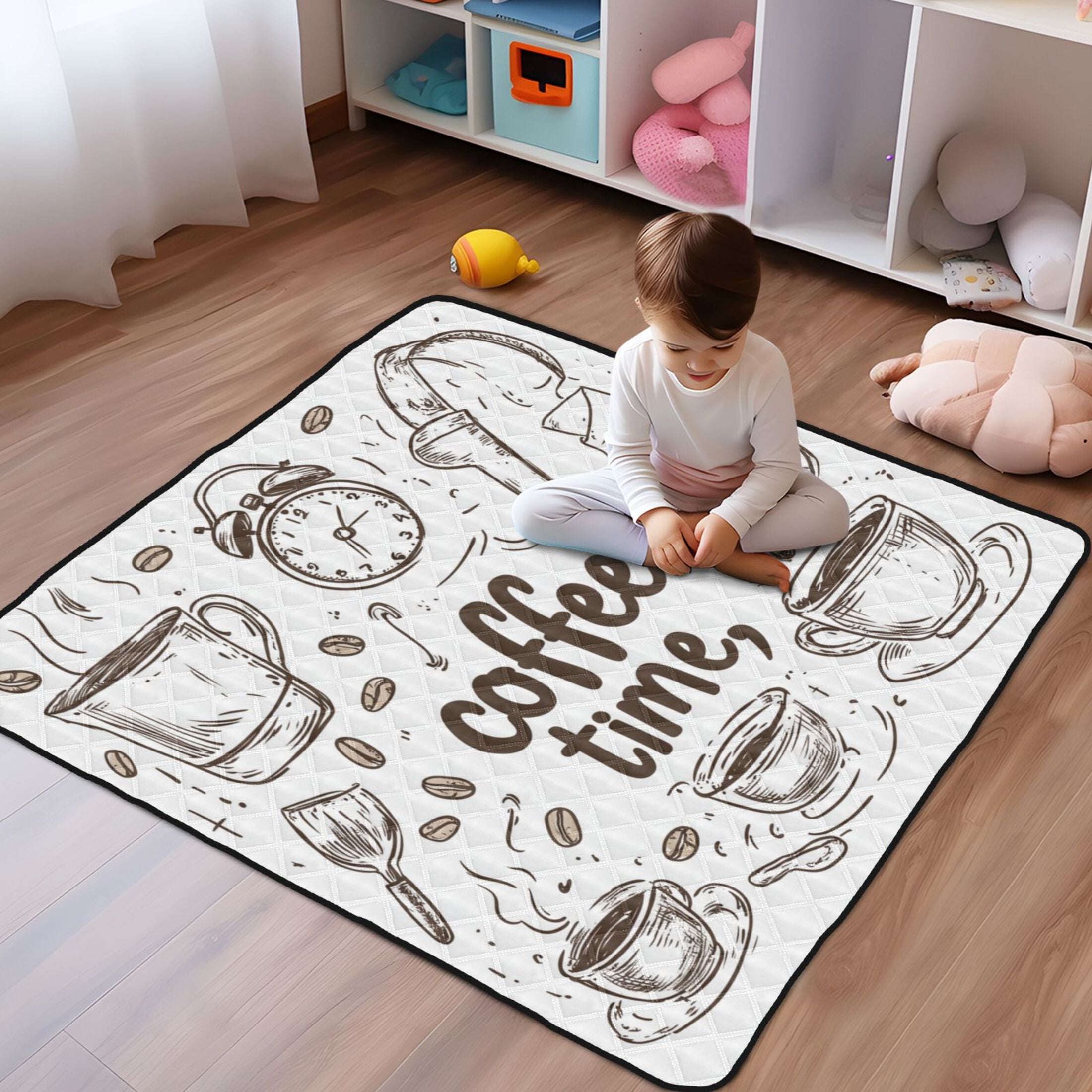 WOBOGO Coffee Time Now Baby Playmats Extra Large Waterproof Rollable Activity Pads for Toddlers 50×50inch