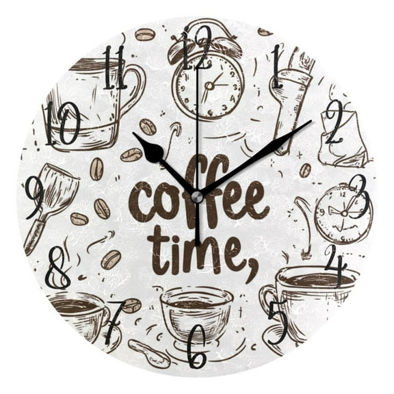 WOBOGO Coffee Time Now Wall Clock 10in Silent Mechanism Battery Operated Retro Style for Living Room Bedroom and Kitchen Black Pointer