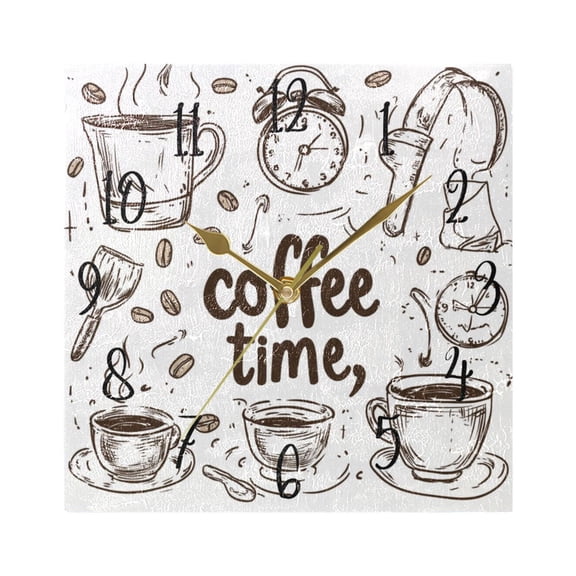 WOBOGO Coffee Time Now Wall Clock 7.78 Inch Battery Operated Silent Unit Square Rustic Vintage Style for Home Bedroom Office Gold Pointer
