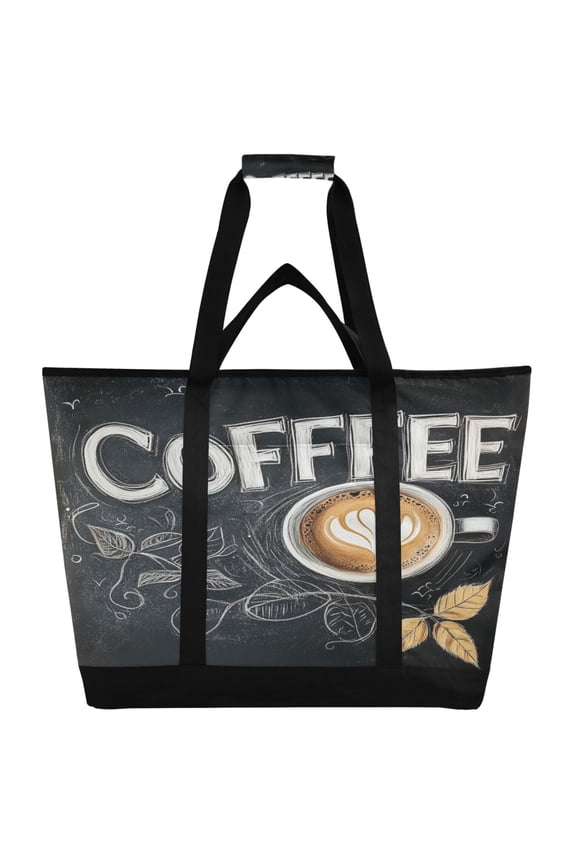 Coffee Time Tote Cooler Bag Fold Flat Insulated Shopping Bag With Zipper For Work Picnic Beach Use 186.724in
