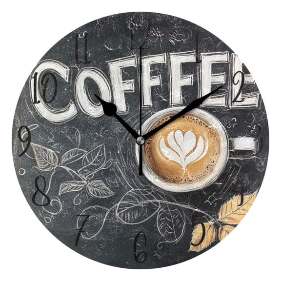 WOBOGO Coffee Time Wall Clock 10in Silent Mechanism Battery Operated Retro Style for Living Room Bedroom and Kitchen Black Pointer