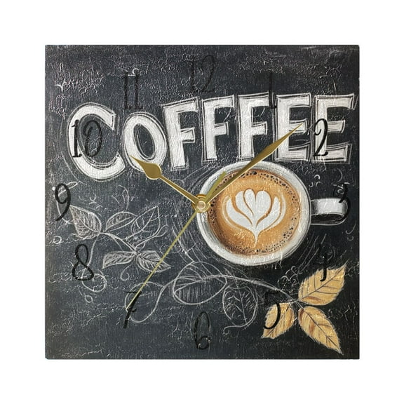 WOBOGO Coffee Time Wall Clock 7.78 Inch Battery Operated Silent Unit Square Rustic Vintage Style for Home Bedroom Office Gold Pointer