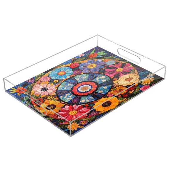 WOBOGO Collage Art Flower Acrylic Serving Trays 15.7x11.8 Inch Spill Proof Clear Decorative Organizer with Handle