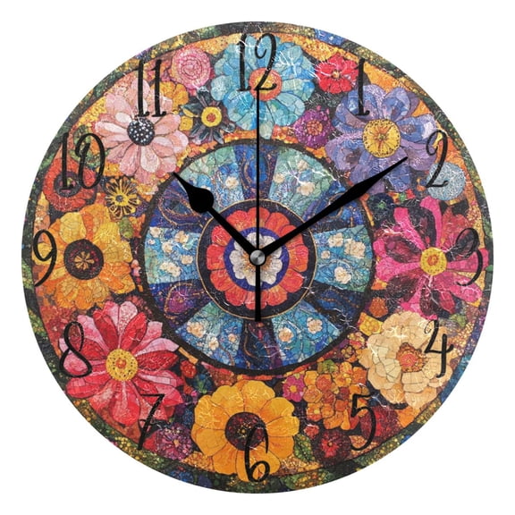 WOBOGO Collage Art Flower Wall Clock 10in Silent Mechanism Battery Operated Retro Style for Living Room Bedroom and Kitchen Black Pointer