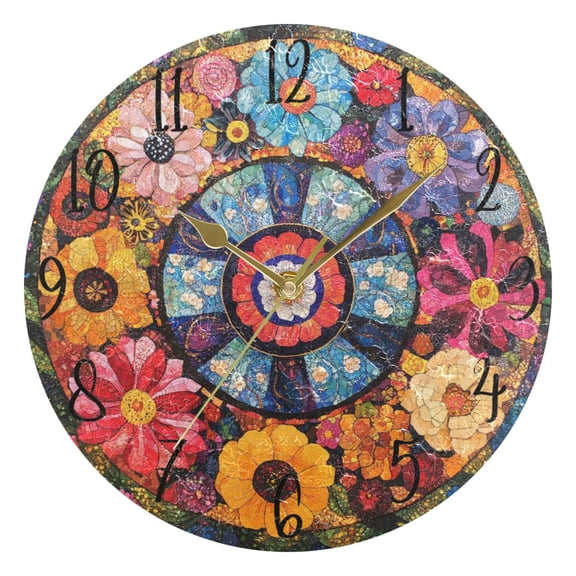 WOBOGO Collage Art Flower Wall Clock 10in Silent Mechanism Battery Operated Retro Style for Living Room Bedroom and Kitchen Gold Pointer