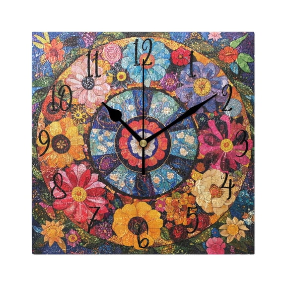 WOBOGO Collage Art Flower Wall Clock 7.78 Inch Battery Operated Silent Unit Square Rustic Vintage Style for Home Bedroom Office Black Pointer
