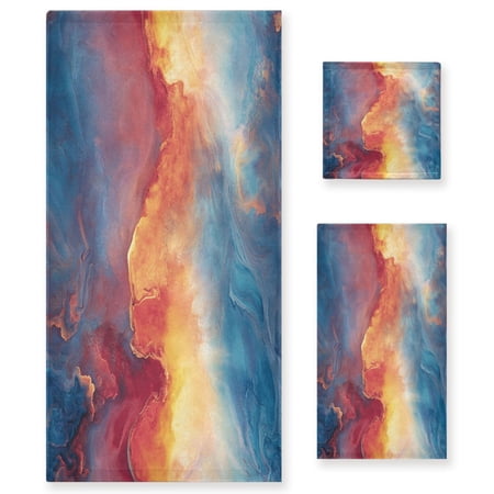 WOBOGO Color Flow Patterns Ultra Soft 3 Pack Cotton Towel Set Includes 60 x 30in Bath Towel 28 x 16in Face Towel and 13 x 13in Small Square Towel for Everyday Use Lightweight and Compact