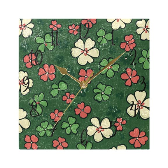 WOBOGO Colorful Clovers Wall Clock 7.78 Inch Battery Operated Silent Unit Square Rustic Vintage Style for Home Bedroom Office Gold Pointer